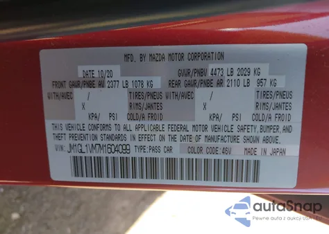 2021 Mazda Mazda6 Touring z USA, uszkodzony, nr VIN JM1GL1VM7M1604099